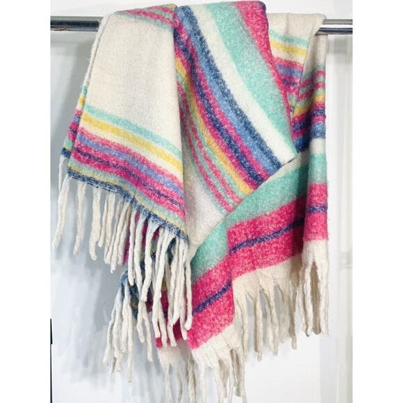 Free People Other - Free People Skye Striped Blanket Fringe Throw 60"x50" Ivory Pink Blue Soft EUC